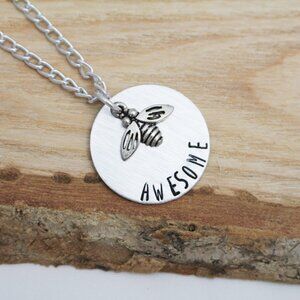 Bee Awesome - Hand Stamped Pendant Necklace - 18" Chain - Handmade